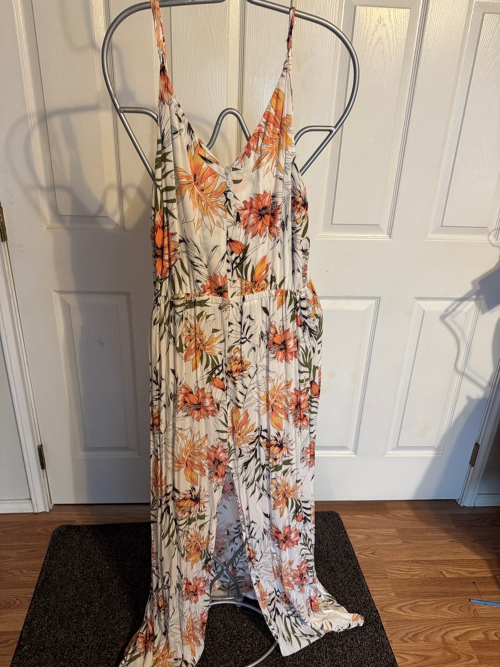 Rip Curl White Maxi Dress with Orange Floral Print and Green Leaves